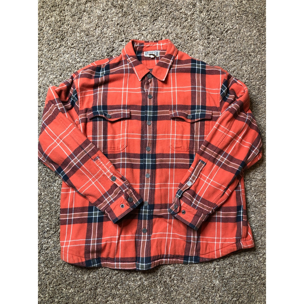 Duluth Men's XXL Flannel Jacket Orange & Blue fleece lined snap up